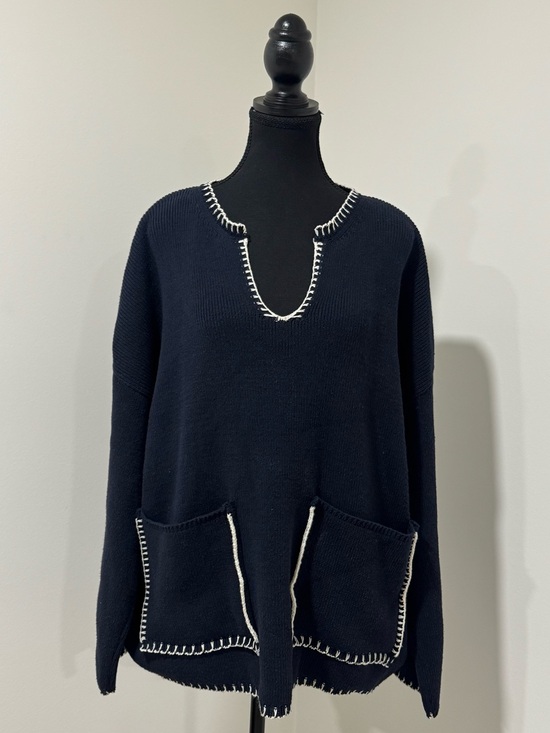 Zara Sweaters - Zara Navy V-Neck Sweater with White Contrast Stitching